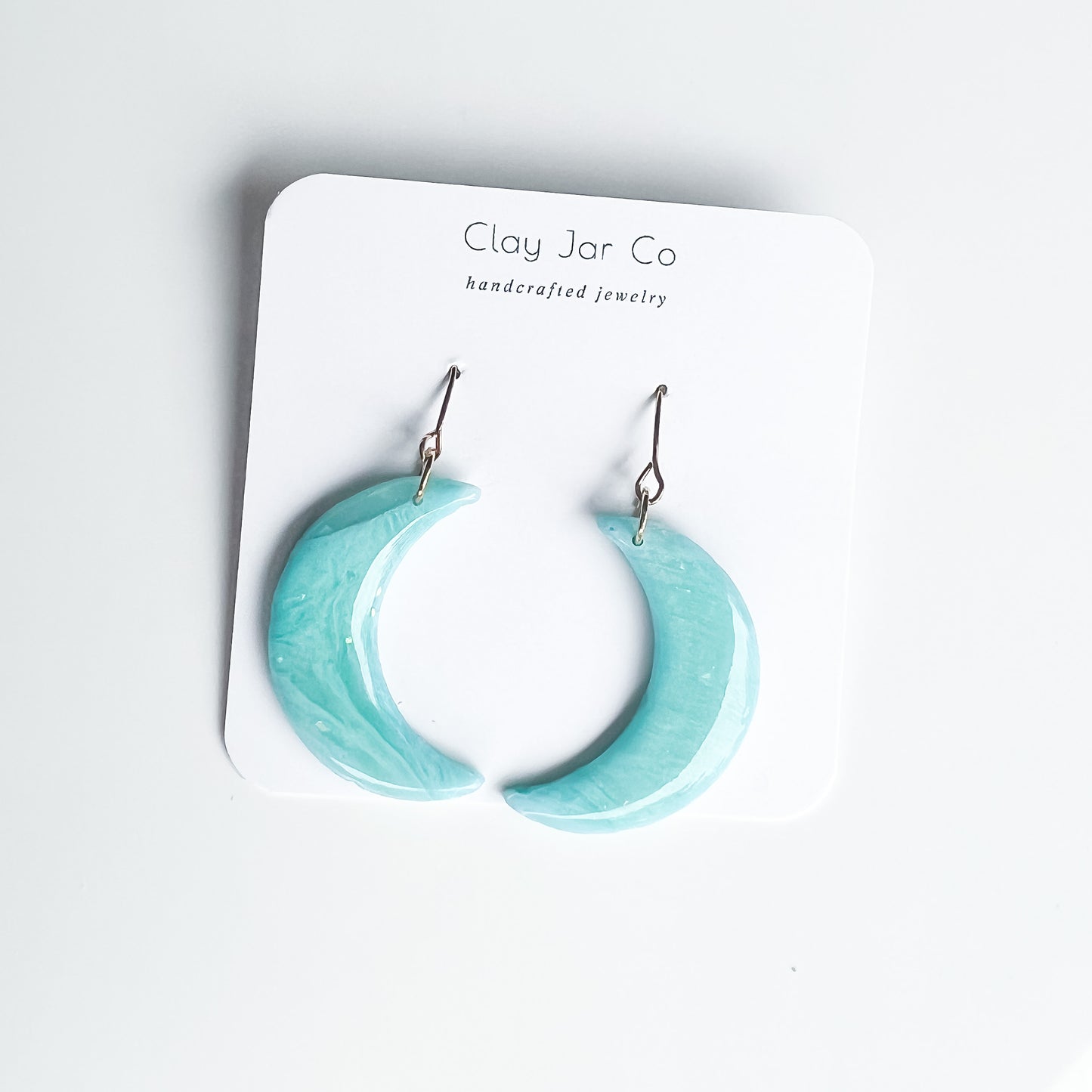 Crescent Moon Dangle Earrings in Sky Blue with Gold Hooks