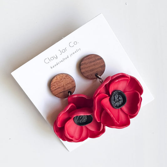 Red Poppy Dangle Earrings with Wood Posts